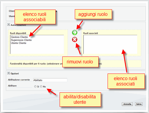 pagina per la modifica delle autorizzazioni (ruoli) dell'utente
